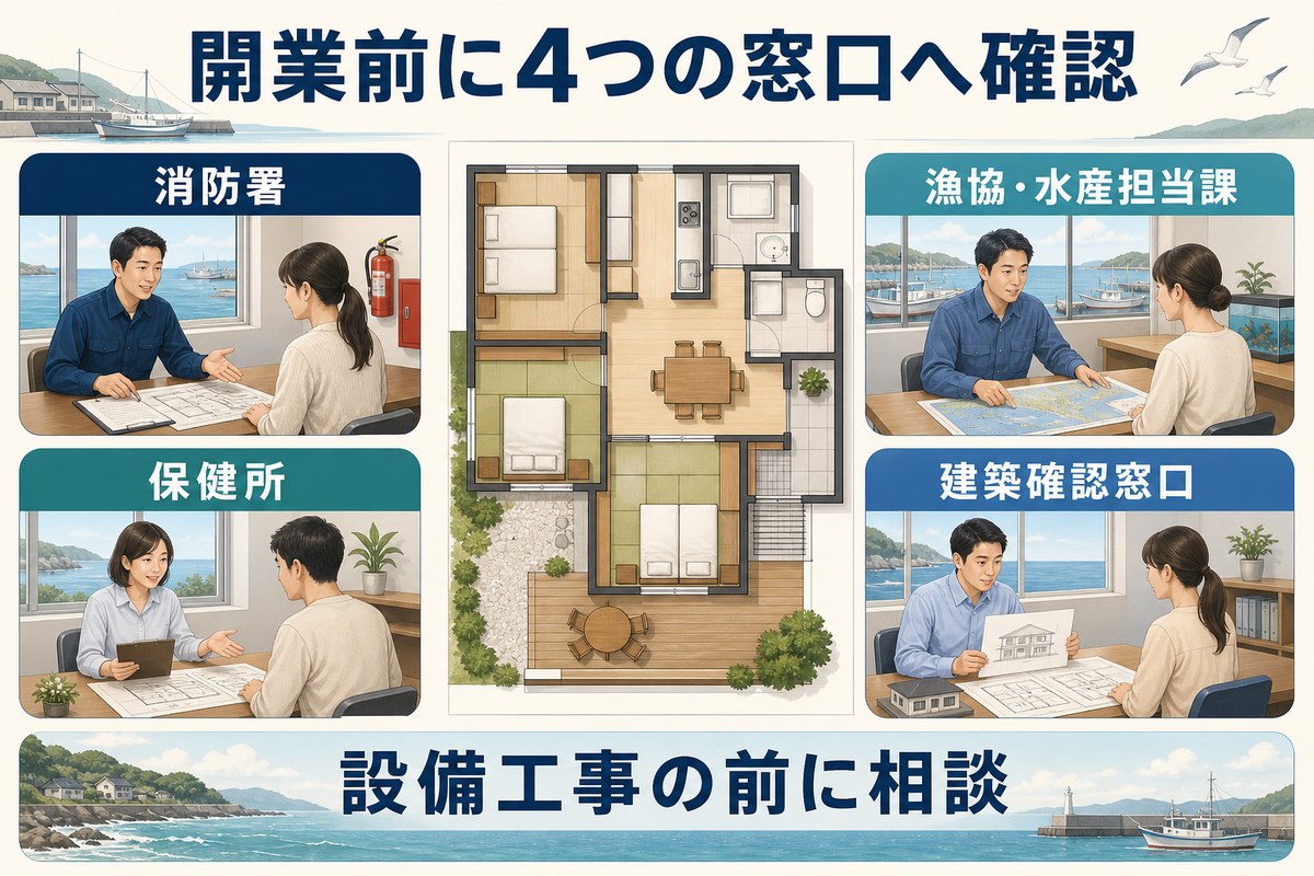 消防署、保健所、漁協と水産担当課、建築確認窓口への相談を示す図