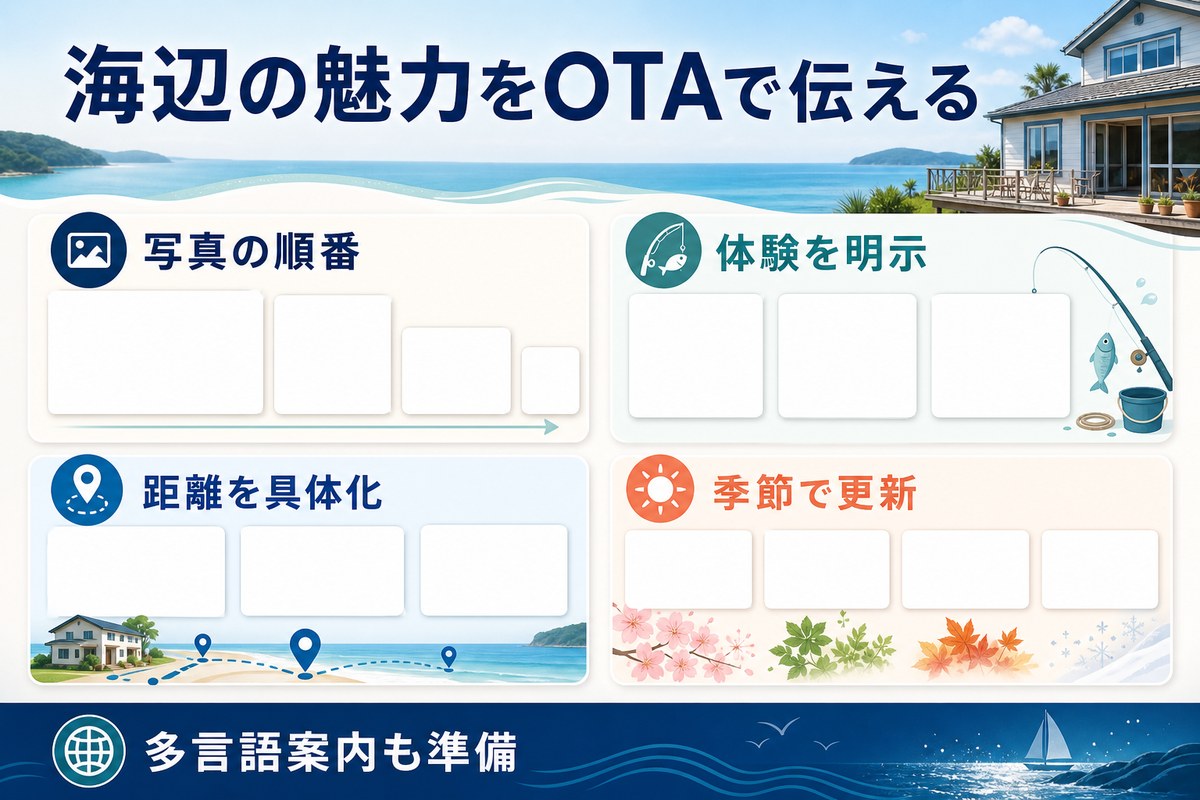海辺民泊のOTAで写真、体験、距離、季節更新、多言語案内を整える図