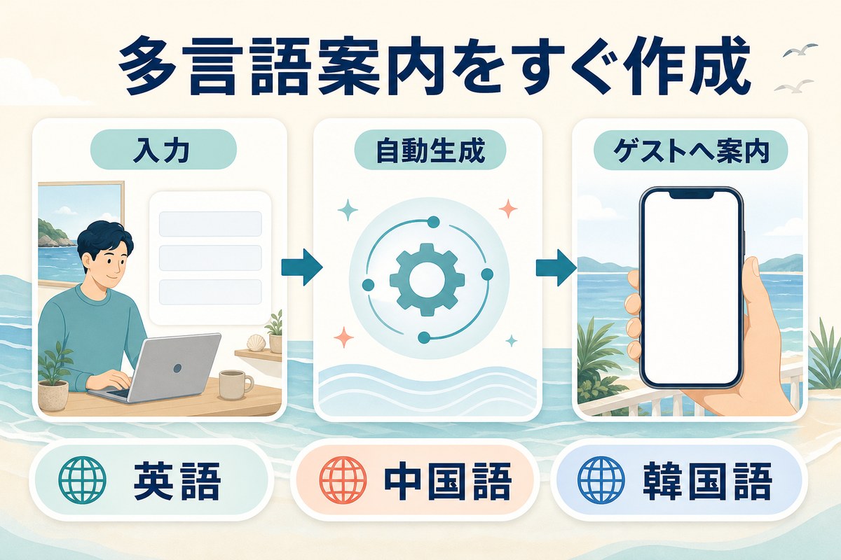 宿の情報を入力し、英語、中国語、韓国語のチェックイン案内を作る流れを示す図