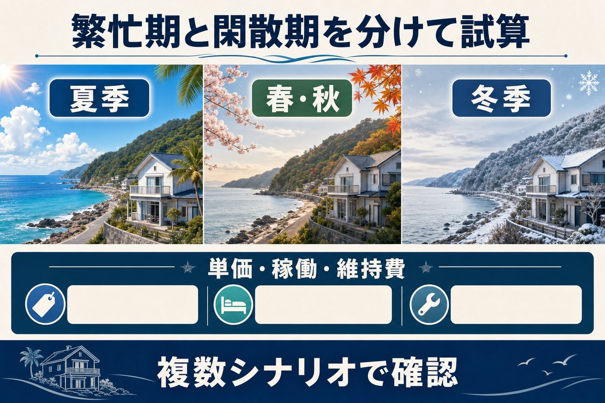 夏季、春秋、冬季の単価、稼働、維持費を複数シナリオで比較する図