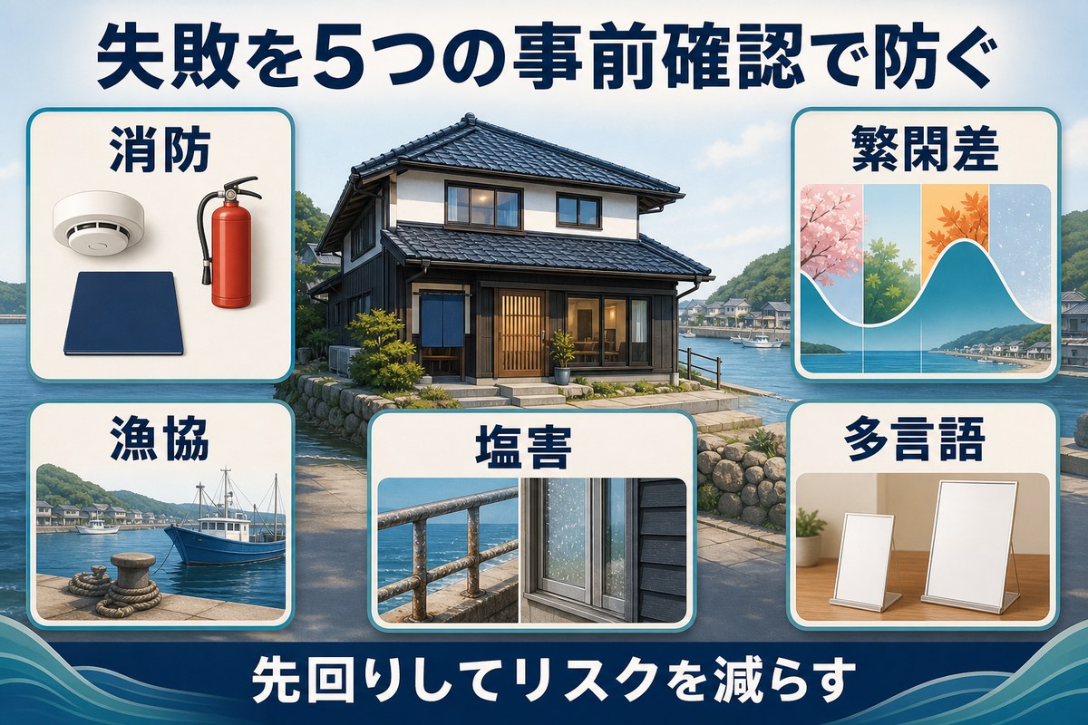 消防、繁閑差、漁協、塩害、多言語の五つの事前確認を示す図