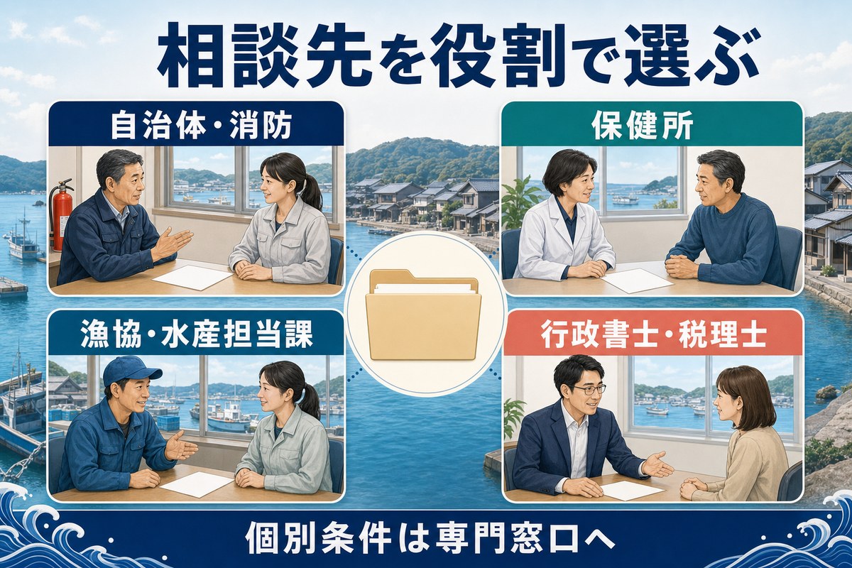 自治体と消防、保健所、漁協と水産担当課、行政書士と税理士の相談分野を示す図