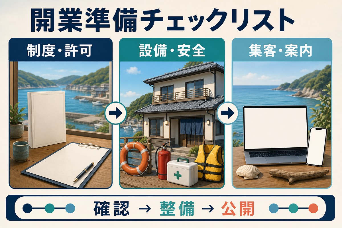 制度と許可、設備と安全、集客と案内の順で開業準備を進める図