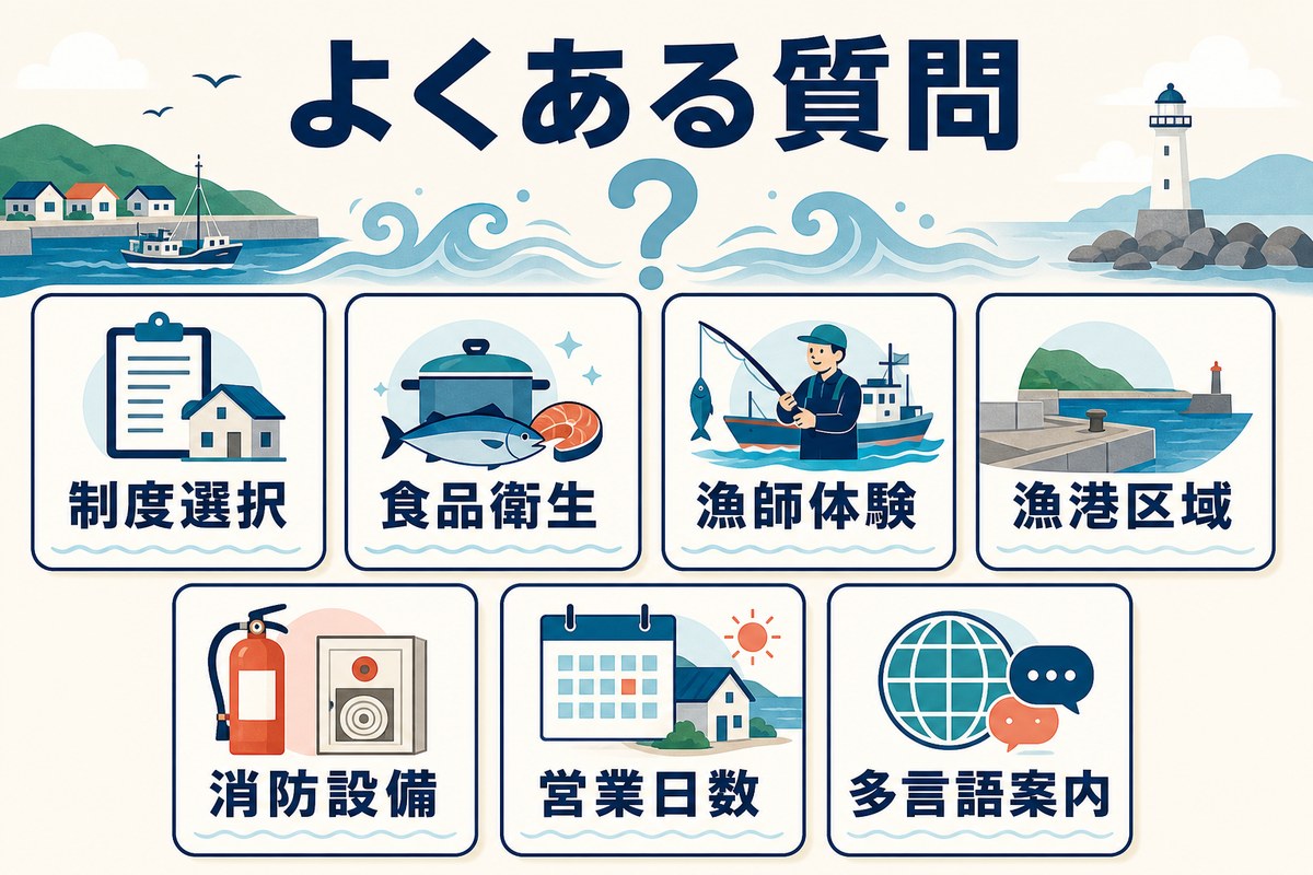 制度選択、食品衛生、漁師体験、漁港区域、消防設備、営業日数、多言語案内のFAQを示す図