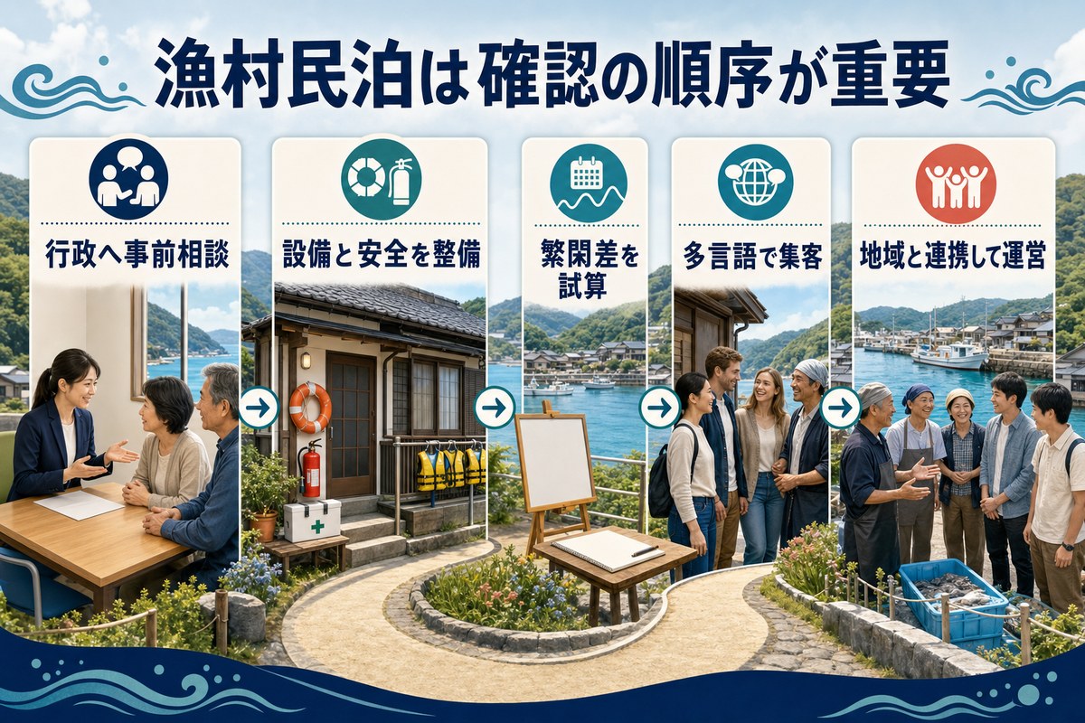 行政相談、設備と安全、繁閑差の試算、多言語集客、地域連携運営の順序を示す図