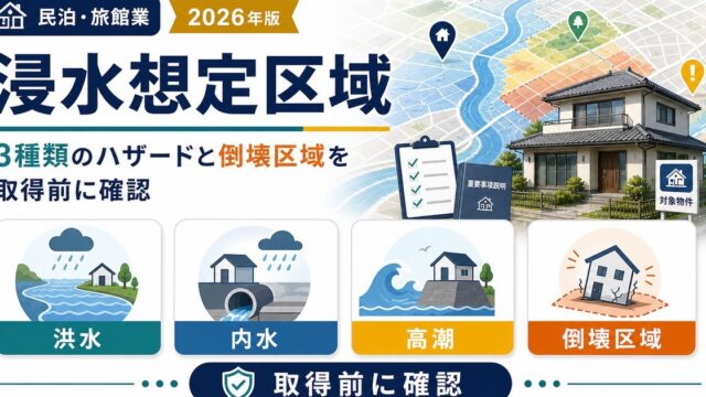 浸水想定区域で洪水・内水・高潮・家屋倒壊等氾濫想定区域を民泊や旅館業の物件取得前に確認する図解
