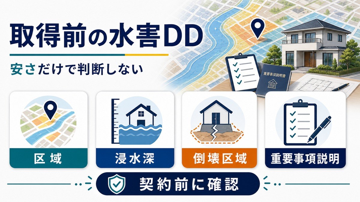 取得前に区域・浸水深・倒壊区域・重要事項説明を確認する水害デューデリジェンス図解