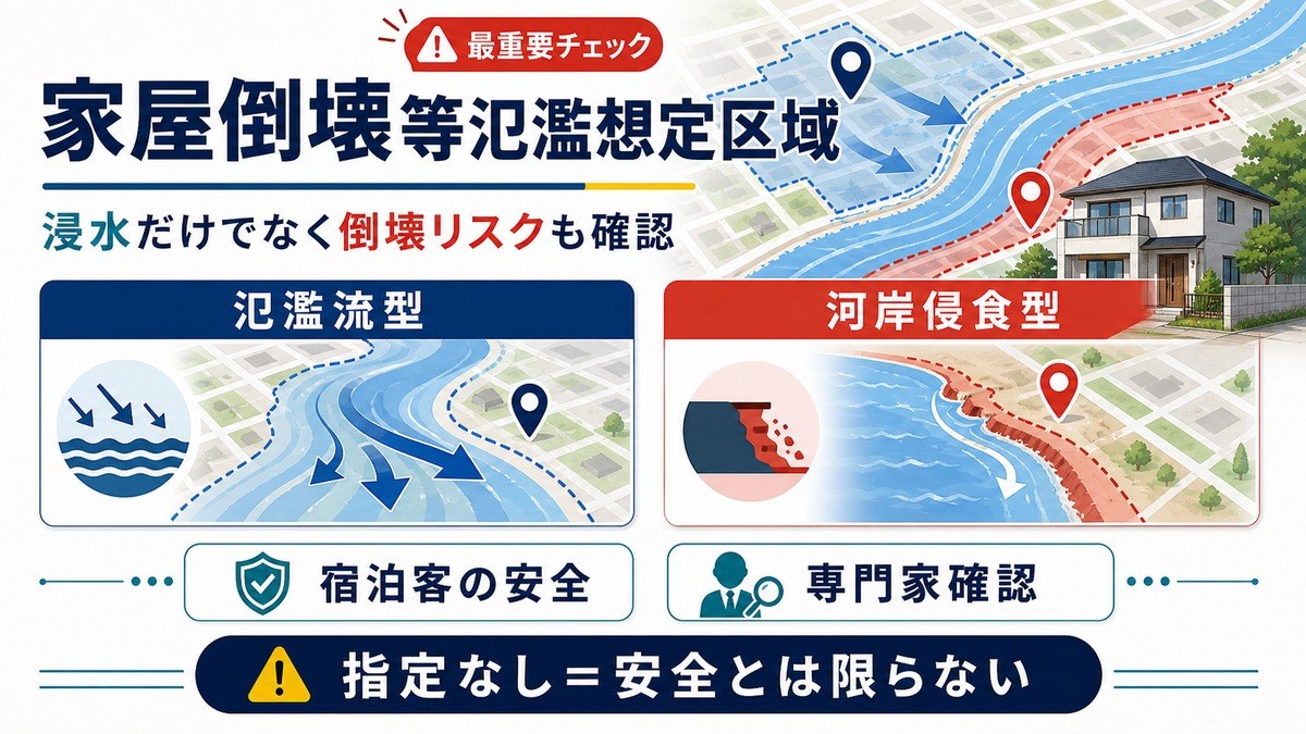 家屋倒壊等氾濫想定区域の氾濫流型・河岸侵食型を確認する図解