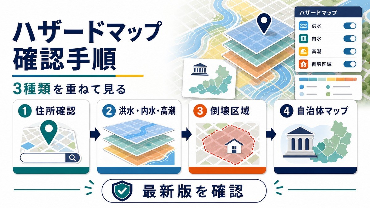 住所確認から洪水・内水・高潮・倒壊区域・自治体マップまで確認する手順図解