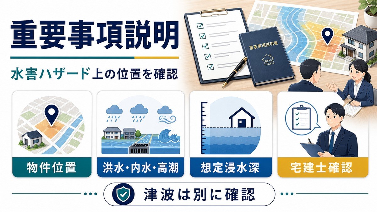 重要事項説明で水害ハザード上の物件位置・想定浸水深・宅建士確認を整理する図解