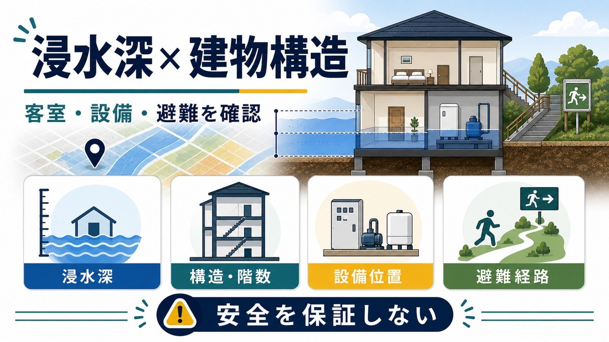 浸水深と建物構造・階数・設備位置・避難経路から民泊適性を確認する図解