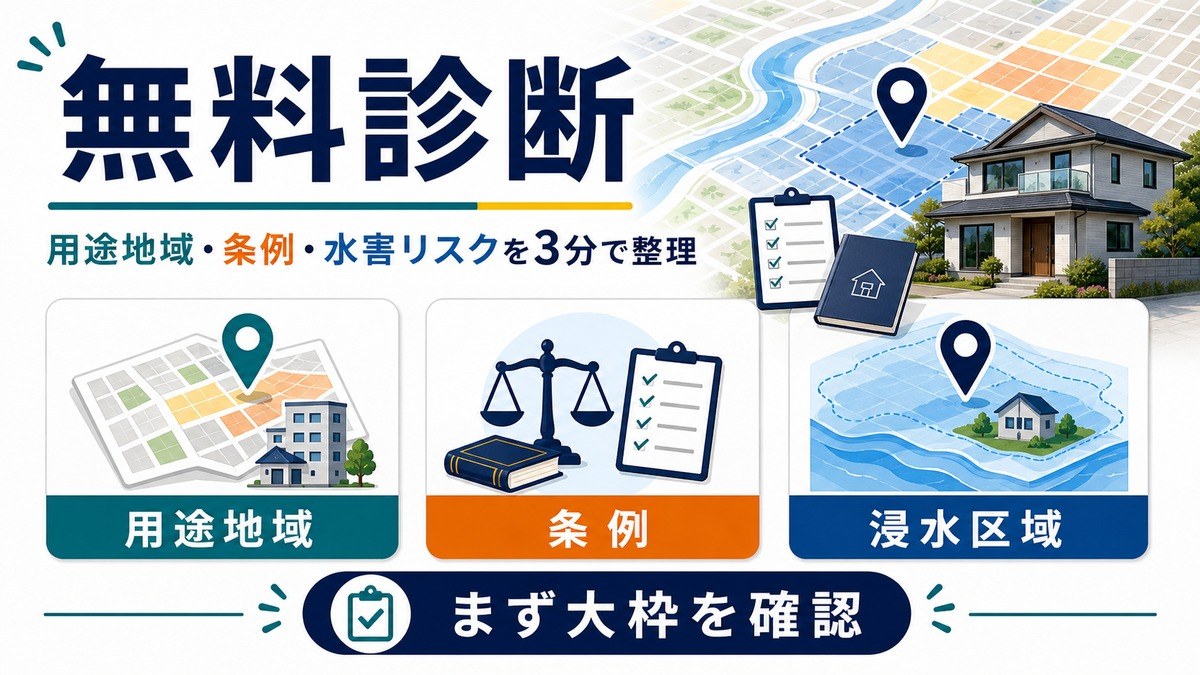 無料診断で用途地域・条例・浸水区域の大枠を整理する図解