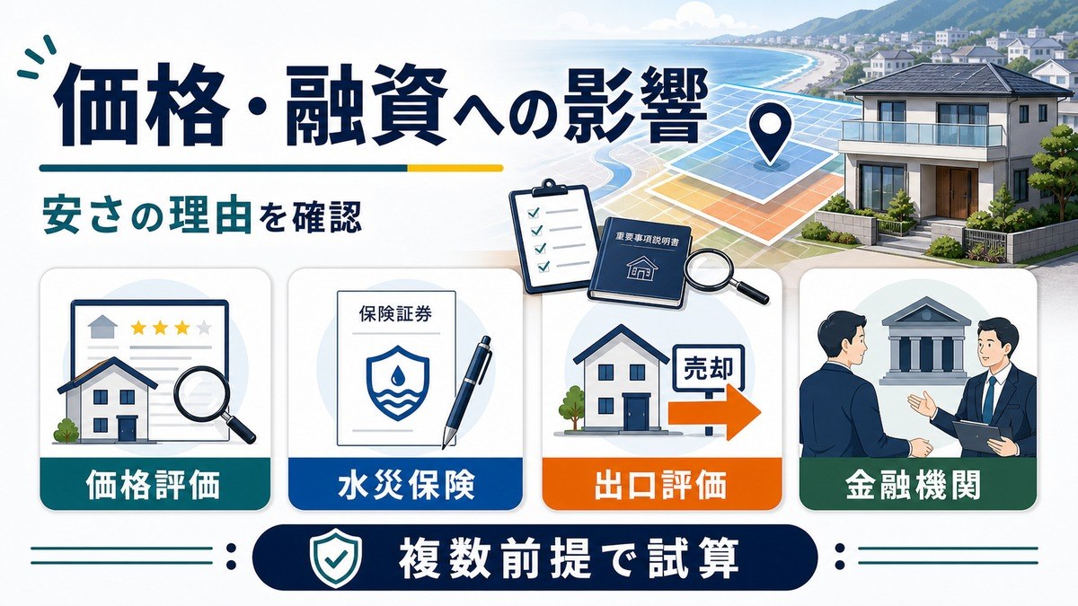 浸水想定区域の価格評価・水災保険・出口評価・金融機関確認を整理する図解
