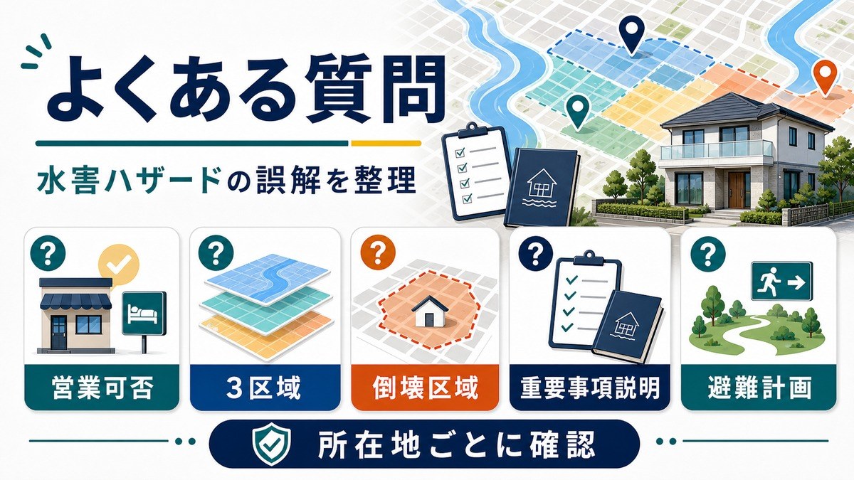 水害ハザードの営業可否・3区域・倒壊区域・重要事項説明・避難計画を整理するFAQ図解