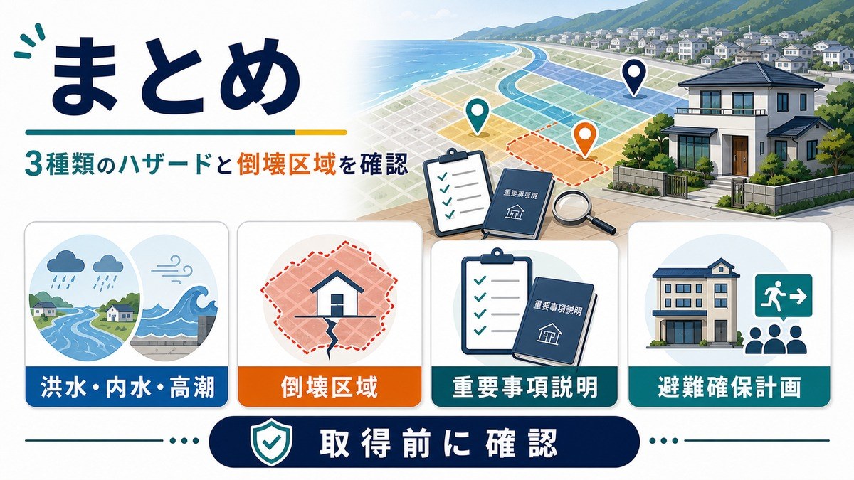 洪水・内水・高潮・倒壊区域・重要事項説明・避難確保計画を取得前に確認するまとめ図解