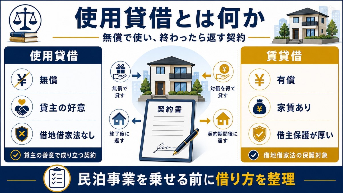 使用貸借と賃貸借の違いを無償か有償かで整理する図解