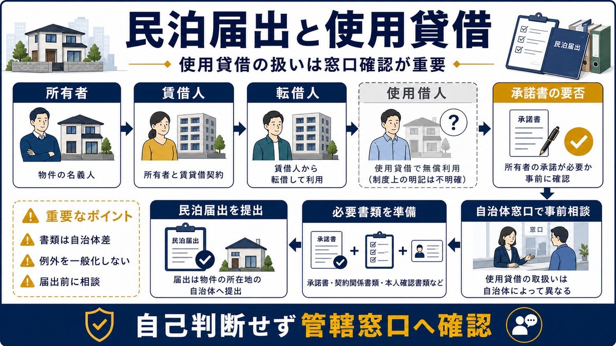 住宅宿泊事業の届出で使用貸借の扱いを管轄窓口へ確認する図解