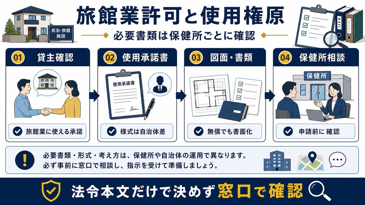 旅館業許可で使用権原や使用承諾書を保健所へ確認する図解
