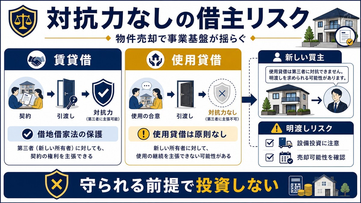 使用貸借には第三者への対抗力がないため物件売却時に明渡しリスクがあることを示す図解