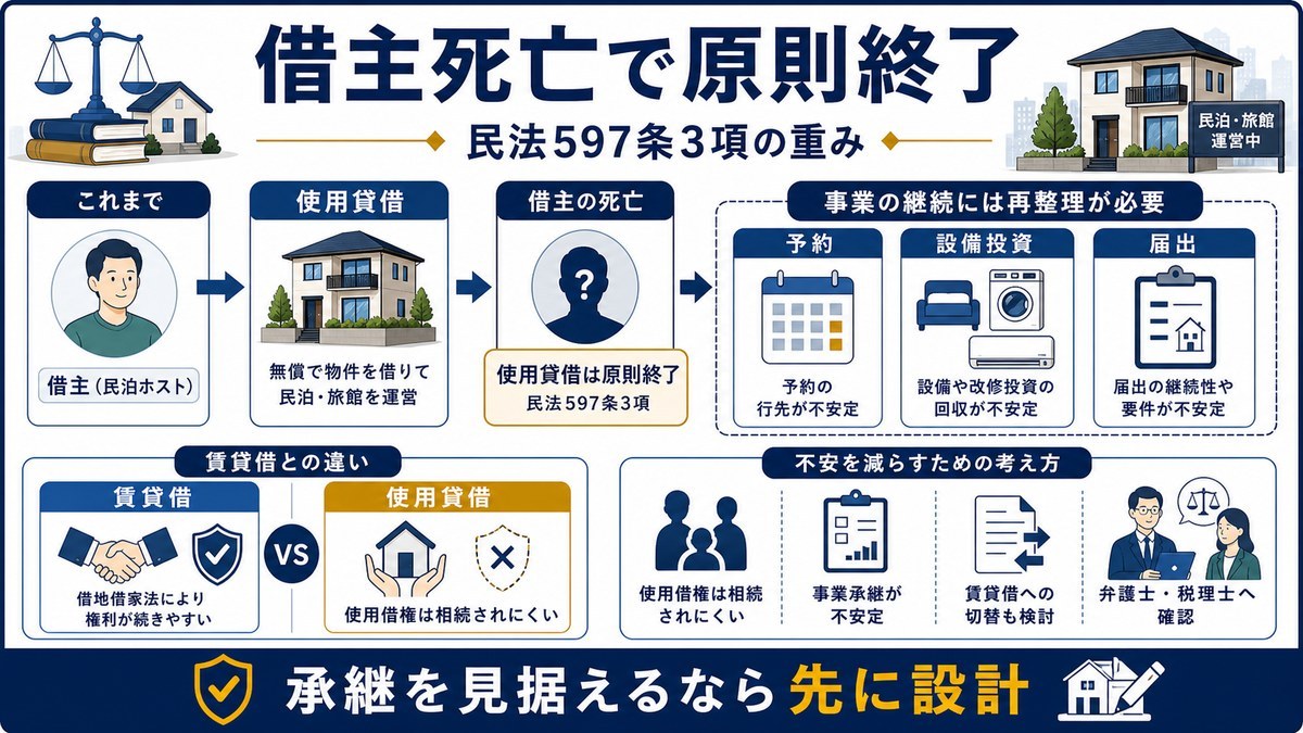 借主死亡で使用貸借が原則終了し予約や設備投資の承継が不安定になることを示す図解