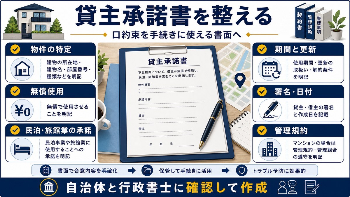 使用貸借で民泊を始める前に貸主承諾書へ記載するポイントを示す図解