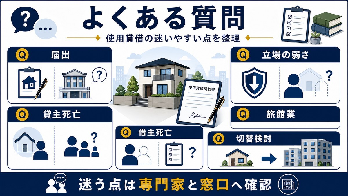 使用貸借で民泊旅館業を始める際のFAQ論点を整理する図解