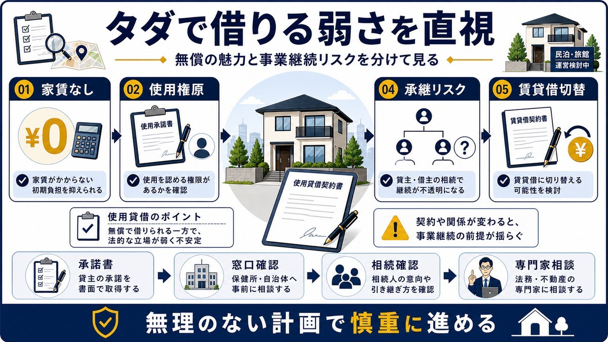使用貸借物件で家賃なしの魅力と使用権原、対抗力、承継リスクを整理するまとめ図解
