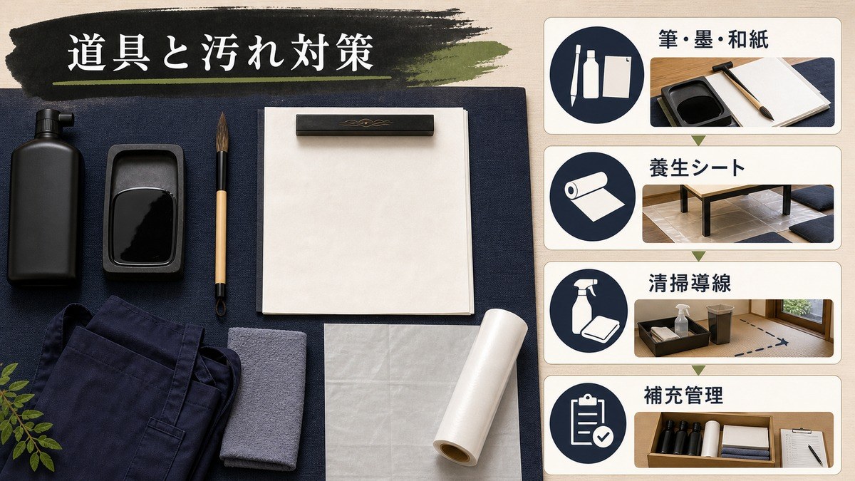 書道体験用の筆、墨、和紙と墨汚れ対策を整理した図解