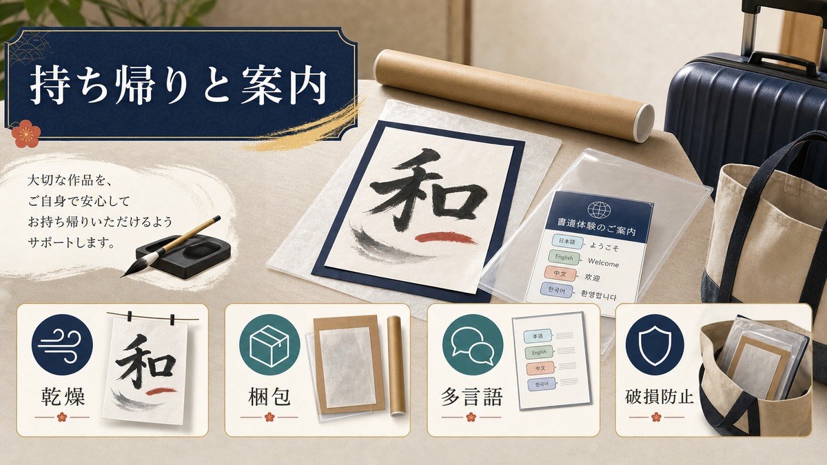 書道作品の持ち帰り梱包と多言語案内を整理した図解