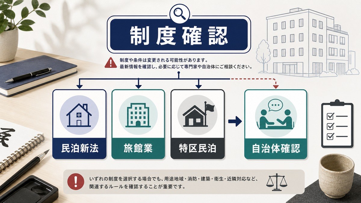 民泊新法、旅館業、特区民泊と自治体確認を整理した制度確認図解