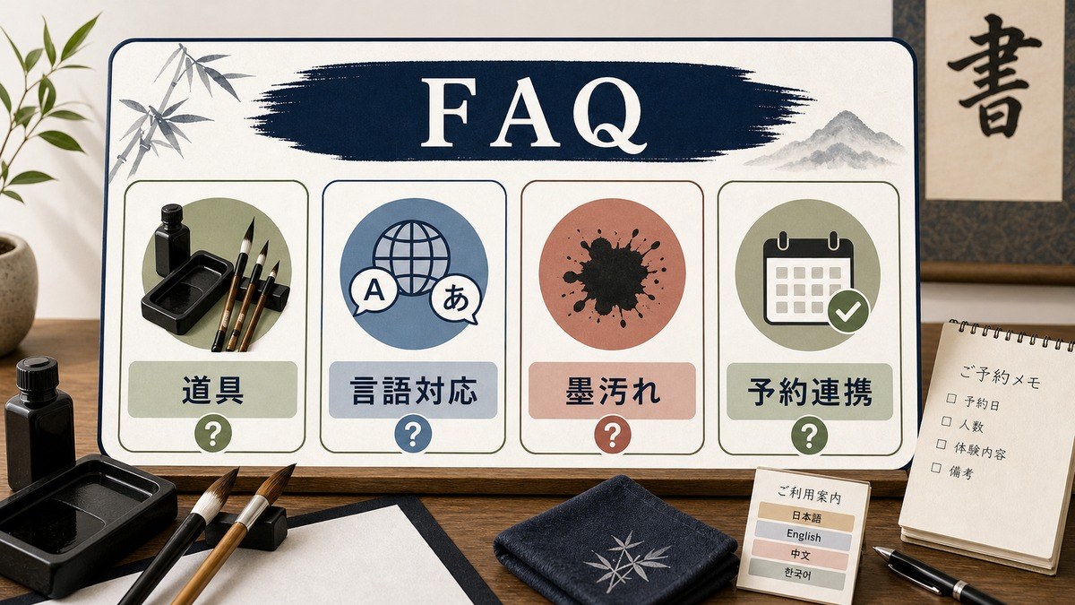 書道体験対応民泊のよくある質問を整理したFAQ図解
