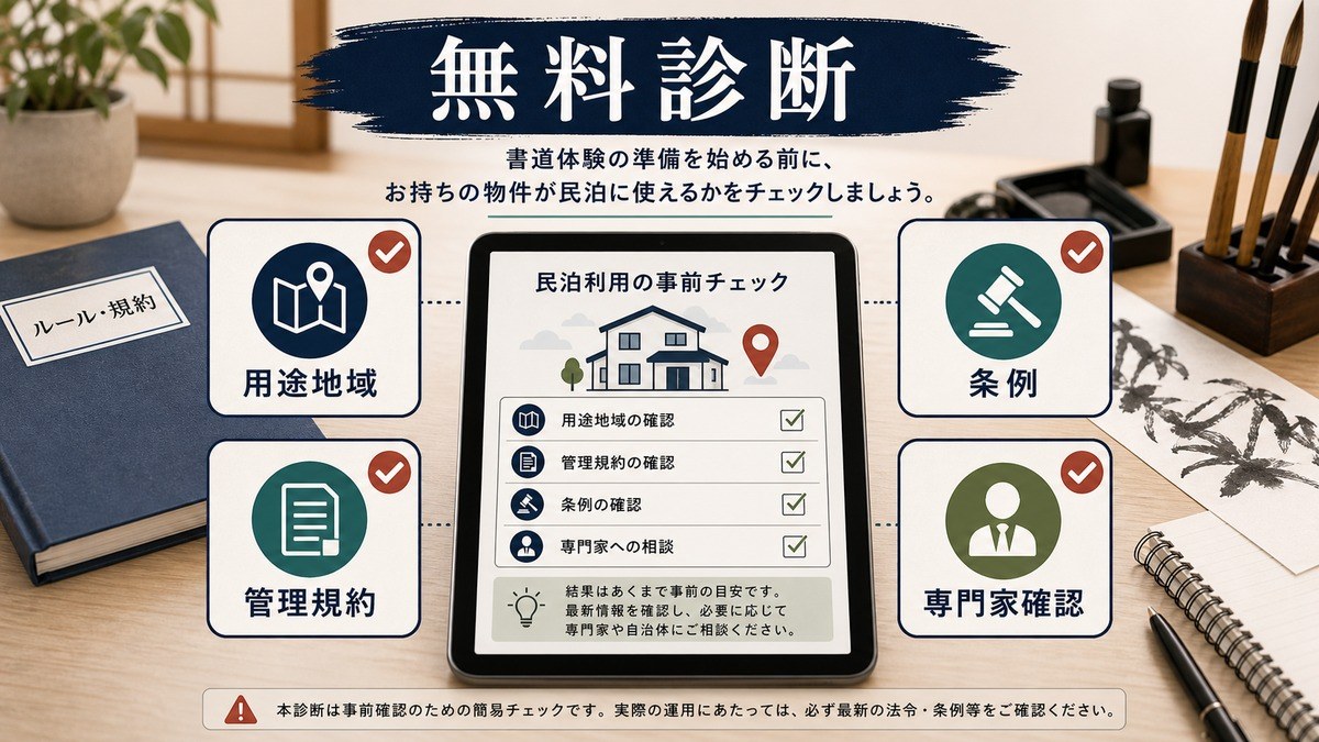 民泊可否の無料診断で確認する用途地域、管理規約、条例の図解