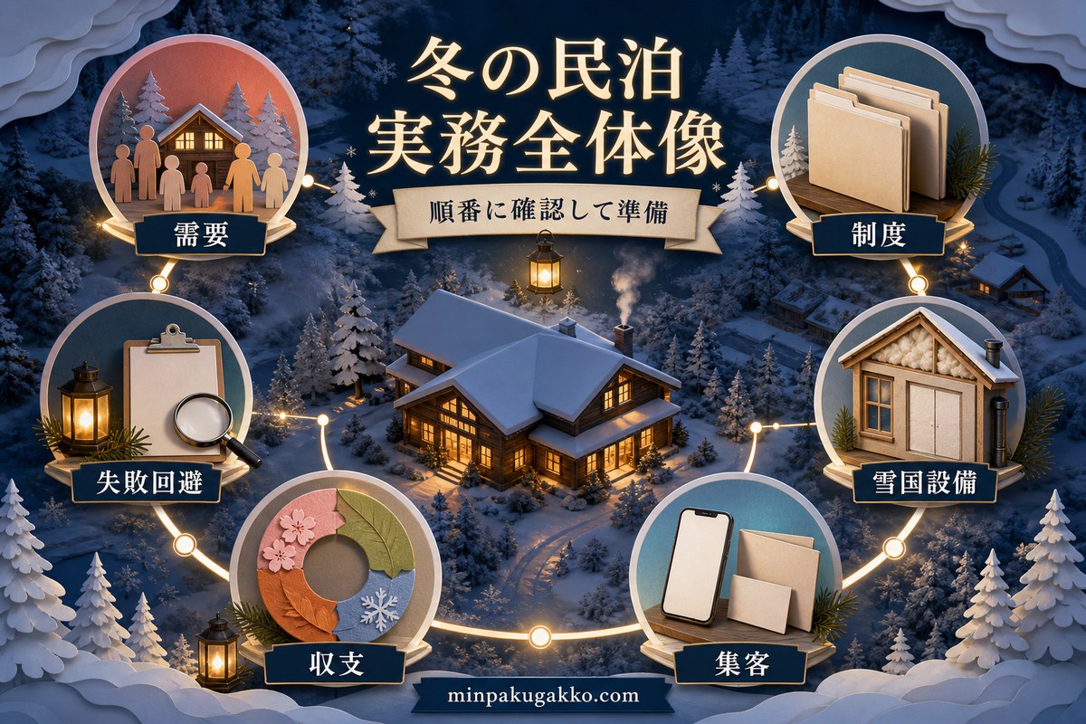 冬の民泊について需要、制度、雪国設備、集客、収支、失敗回避を順に確認する全体図