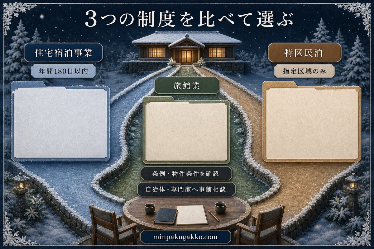 住宅宿泊事業、旅館業、特区民泊を比較し、条例と物件条件の確認を促す図