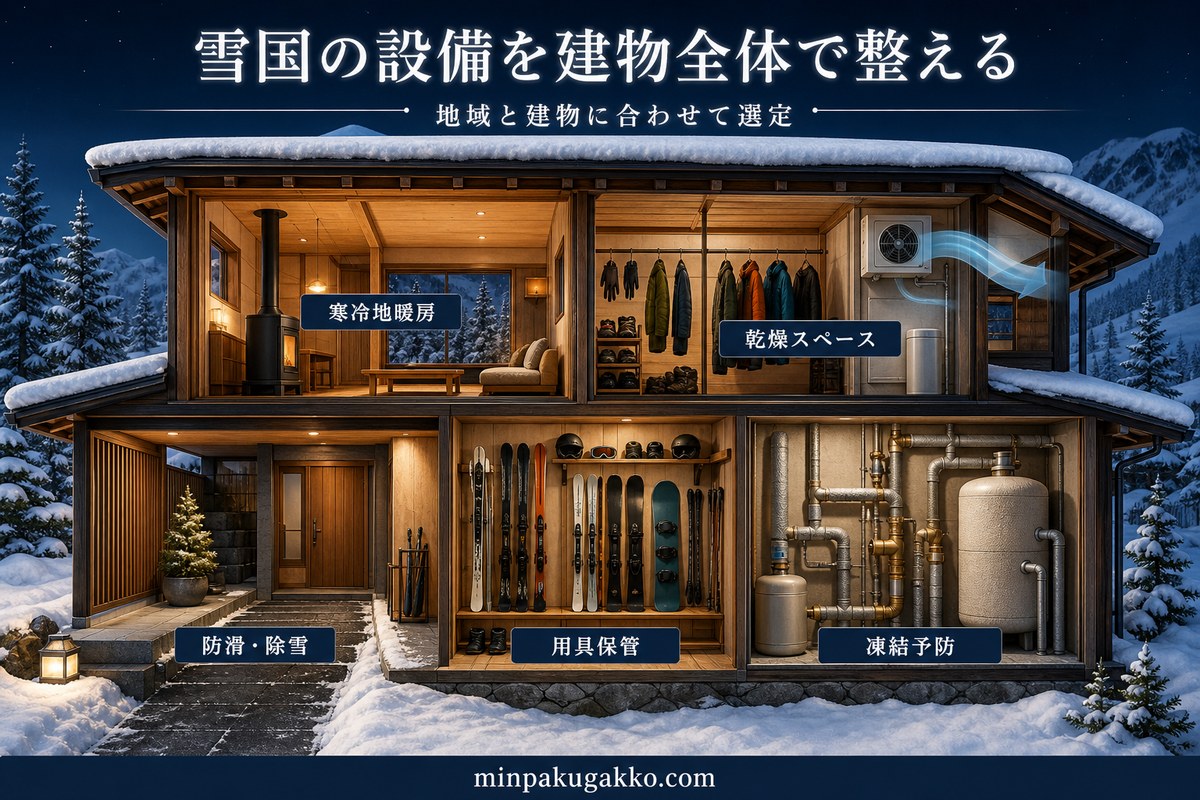 寒冷地暖房、防滑と除雪、用具保管、乾燥スペース、凍結予防を整理した雪国物件の図
