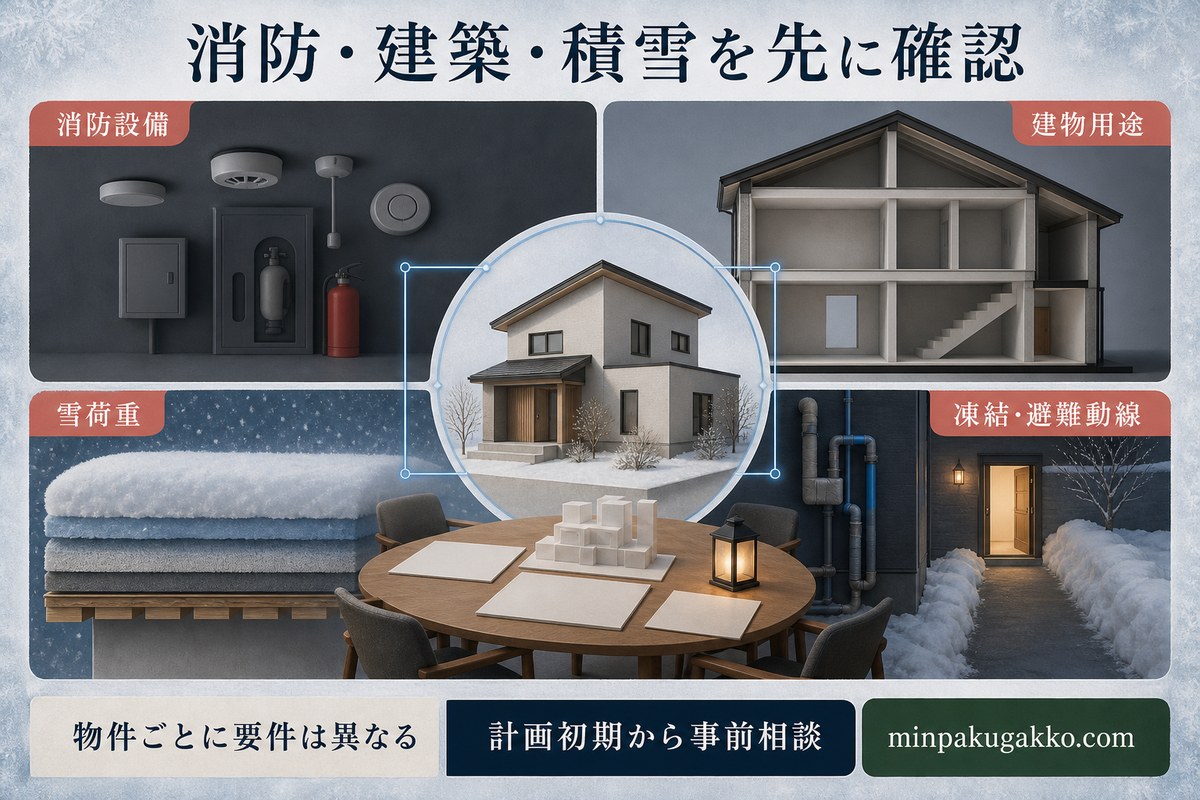 消防設備、建物用途、雪荷重、凍結と避難動線を計画初期から確認する図