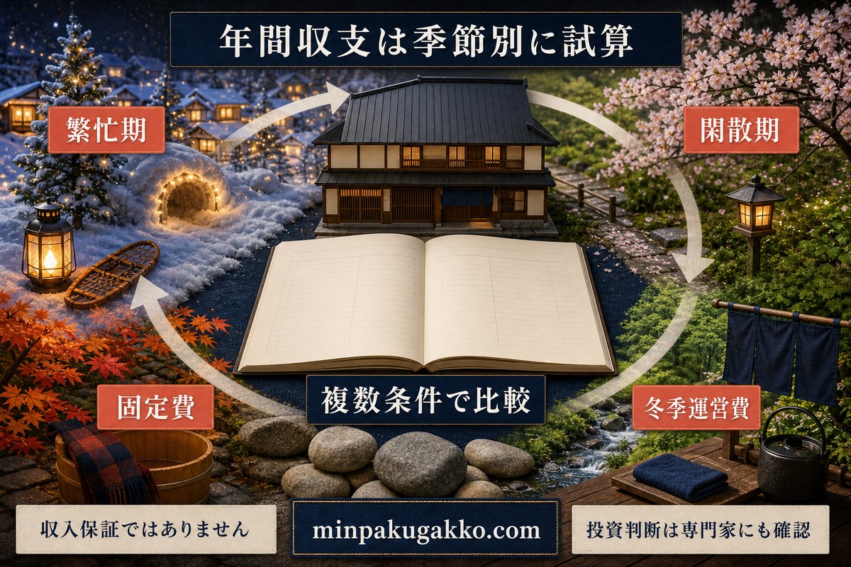 繁忙期、閑散期、固定費、冬季運営費を複数条件で比較する年間収支の図
