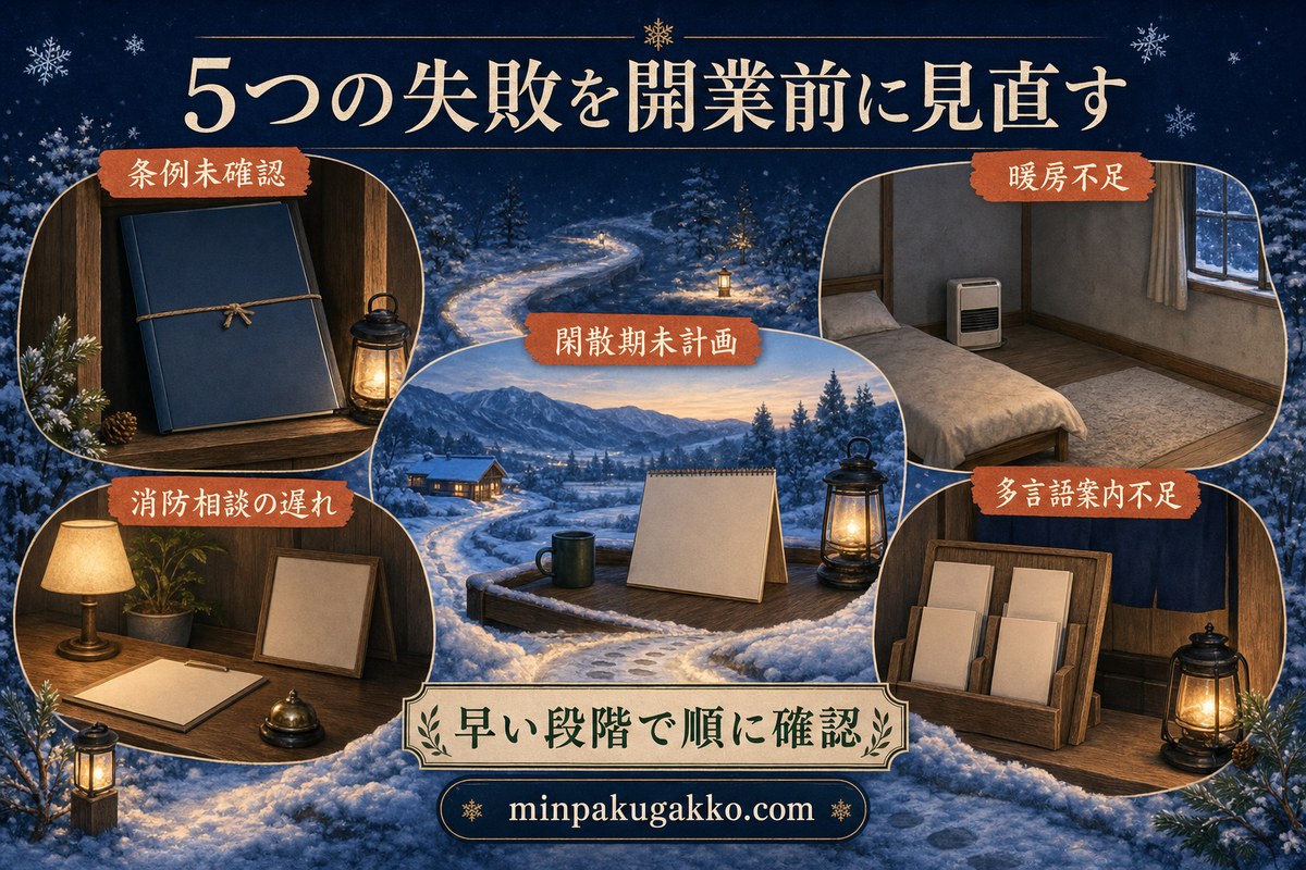 条例未確認、暖房不足、閑散期未計画、消防相談の遅れ、多言語案内不足を見直す図