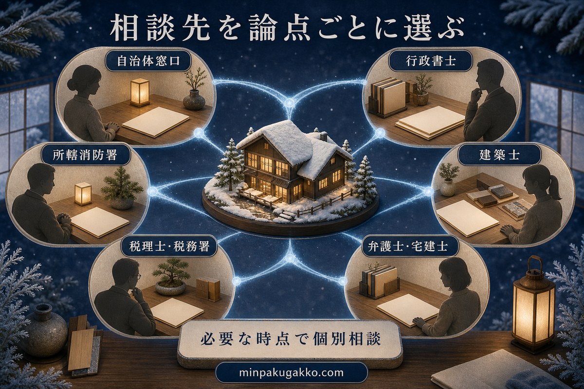 自治体、行政書士、消防署、建築士、税理士、弁護士などの相談先を論点別に整理した図