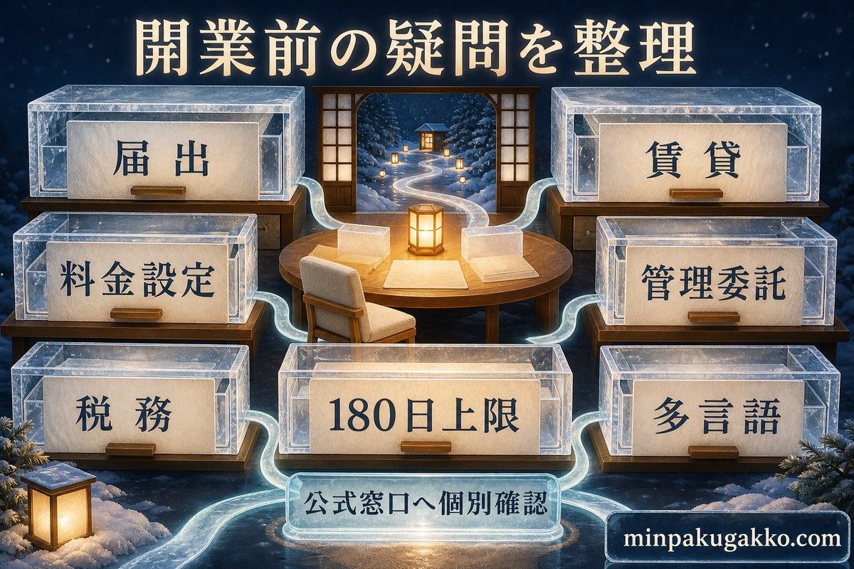 届出、賃貸、料金設定、管理委託、税務、多言語、180日上限の疑問を整理するFAQ図