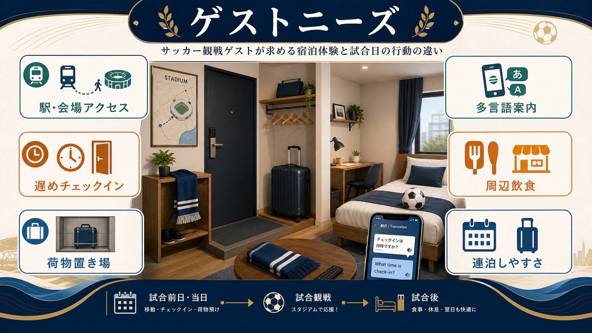 サッカーゲストのニーズとして駅・会場アクセス、遅めチェックイン、荷物置き場、多言語案内、周辺飲食、連泊しやすさを整理した図解