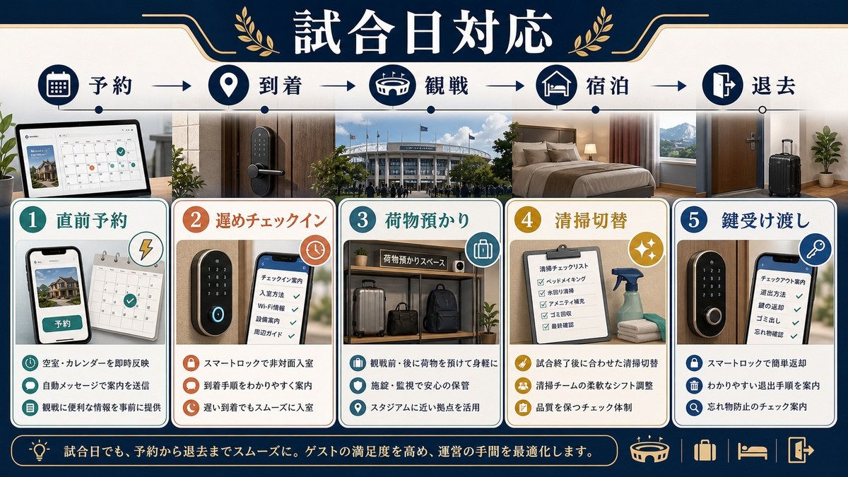 試合日対応の運営実務として直前予約、遅めチェックイン、荷物預かり、清掃切替、鍵受け渡しを整理した図解