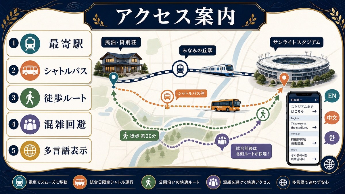 スタジアムアクセス案内として最寄駅、シャトルバス、徒歩ルート、混雑回避、多言語表示を整理した図解