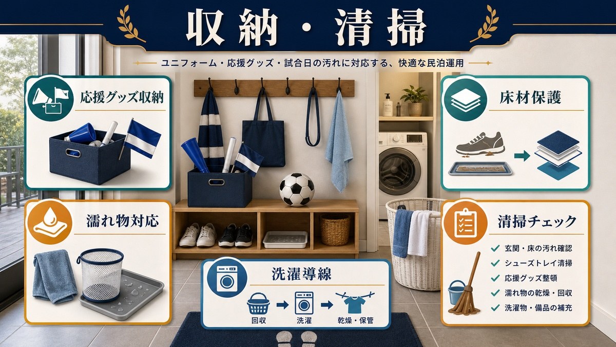 ユニフォームと応援グッズ対応として収納、濡れ物対応、床材保護、洗濯導線、清掃チェックを整理した図解