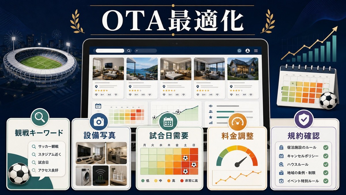 サッカー観戦民泊のOTA最適化として観戦キーワード、設備写真、試合日需要、料金調整、規約確認を整理した図解