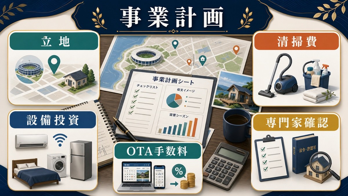 サッカー観戦民泊の事業計画として立地、設備投資、清掃費、OTA手数料、専門家確認を整理した図解