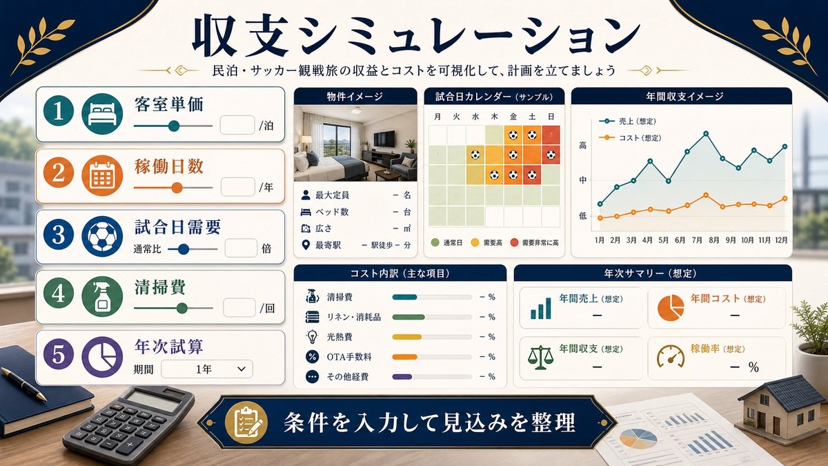 サッカー観戦民泊の収支シミュレーションとして客室単価、稼働日数、試合日需要、清掃費、年次試算を整理した図解
