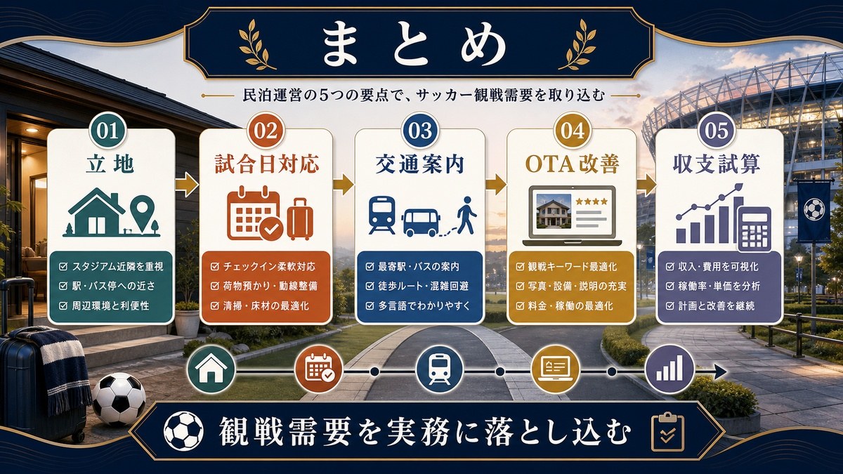 サッカー観戦需要を取り込む民泊運営のポイントとして立地、試合日対応、交通案内、OTA改善、収支試算を整理した図解