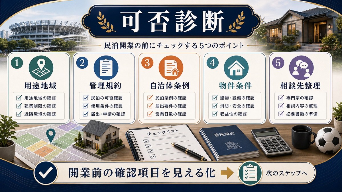 民泊の可否診断として用途地域、管理規約、自治体条例、物件条件、相談先整理を整理した図解
