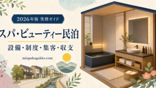 スパ・ビューティー民泊を設備、制度、集客、収支の観点で表したアイキャッチ